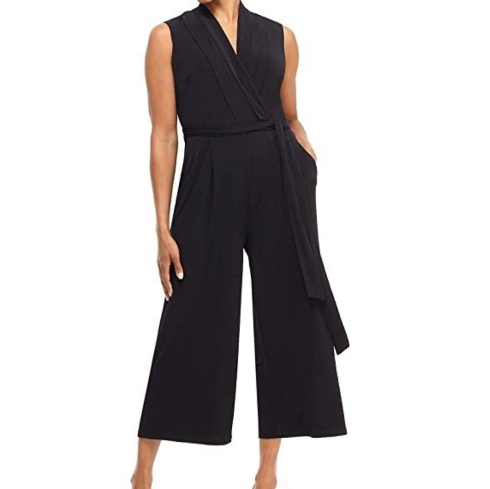 LONDON Times Black Faux Wrap Cropped Jumpsuit